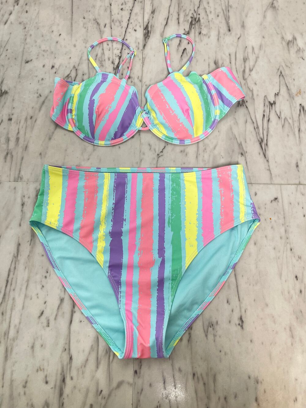 Pink Lily Rainbow Stripe High Waist Bikini Set Underwire Top Colorful Swim L/XL